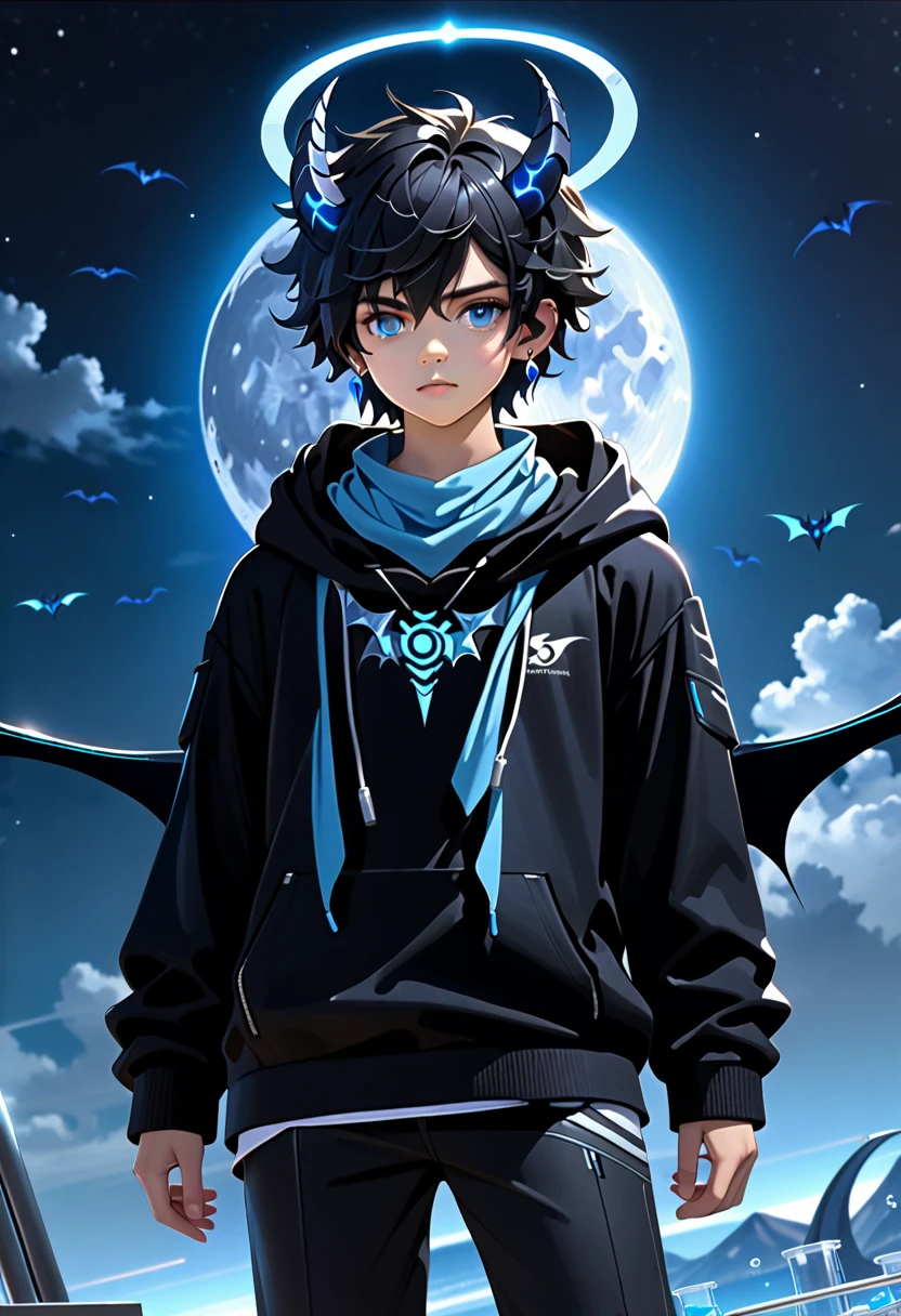 masterpiece, highest quality, highest resolution, clear_image, photo realistic, detailed details, (1 teen boy, scruffy black hair, bangs, Blue eyes, moon, dark night, long earrings, black hoodie, blue demon horns, sky blue scarf (around the neck), sky blue futuristic halo, futuristic dragon wings, beautiful, full body, no water marks, laboratory, no extra limps, no extra body