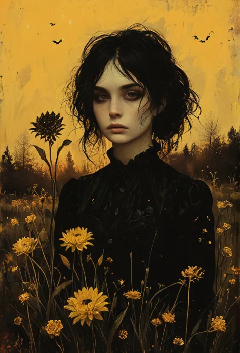 Her demon army took chrysanthemums and daffodils at the burnt ends., twilight, สารglow, glow,ภาพสีน้ำมัน