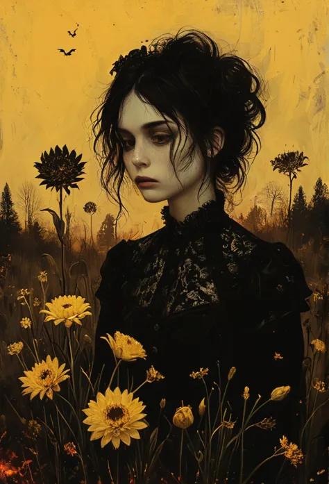 Her demon army took chrysanthemums and daffodils at the burnt ends., twilight, สารglow, glow,ภาพสีน้ำมัน