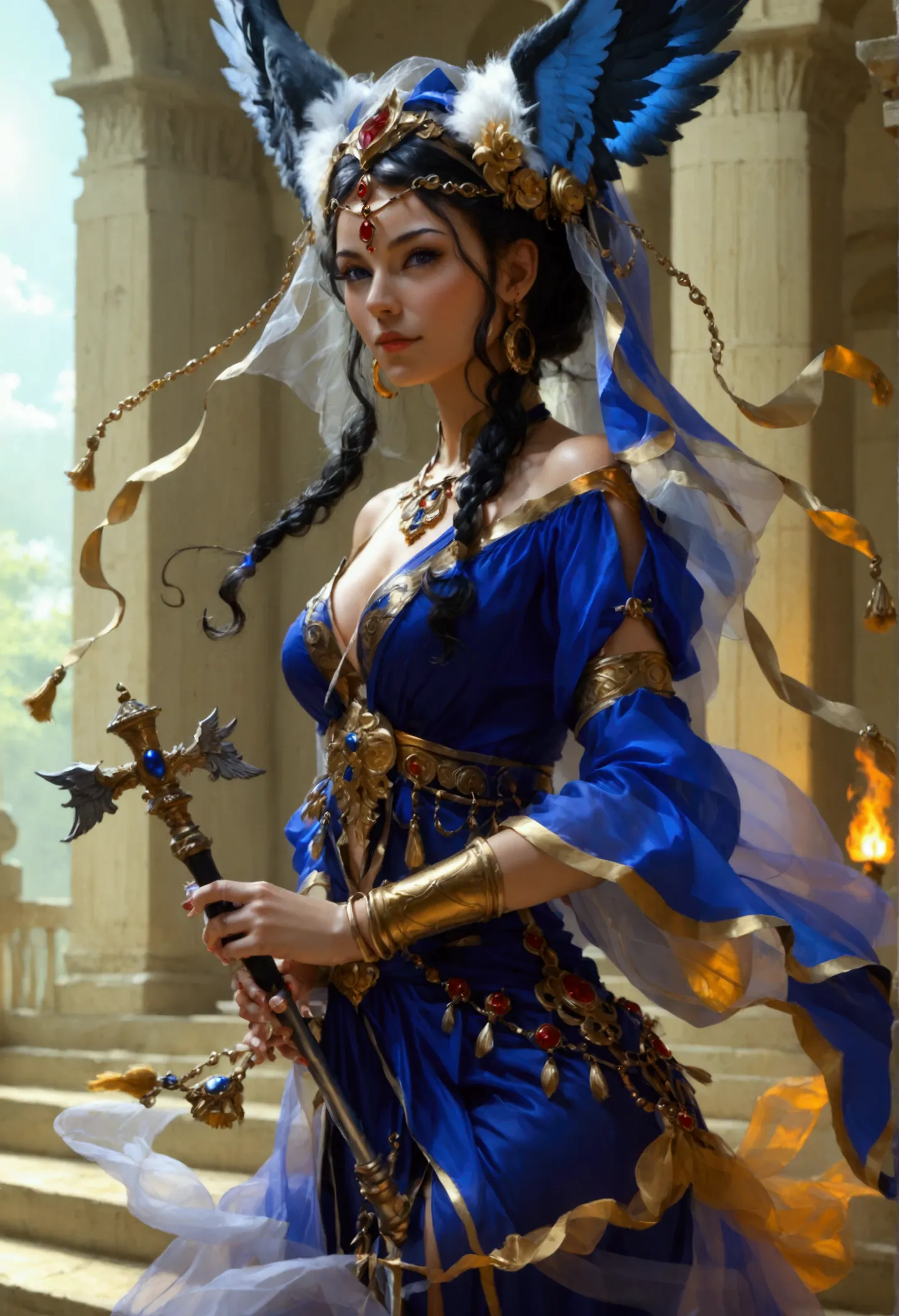 charachter: Hecate, Greek goddess, with their traditional costumes (long robe, veil, torch and dagger).
scenario: Open-air templ...