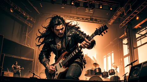 a heavy metal band performing on stage, gritty and intense, lead singer with long hair and leather jacket, guitarist shredding, ...