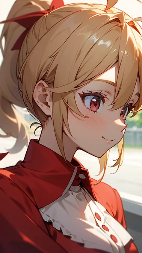 １girl、blonde、ponytail、round red eyes、ahoge、red blouse shirt、smile、profile、face close-up、morning cafe terrace、background blur, wr...