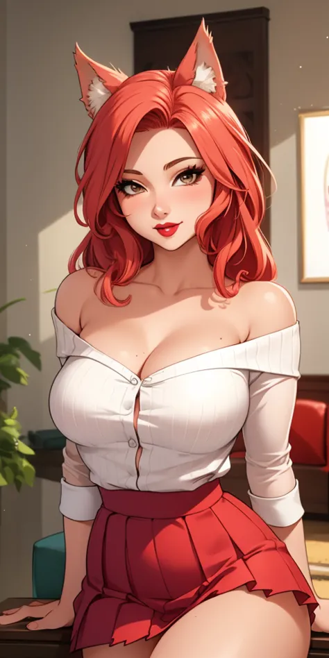 Medium breasts, 1girl, ((Light red hair)) ((wolf girl)) Light brown eyes, has an beautiful sensual body, with full breasts and t...