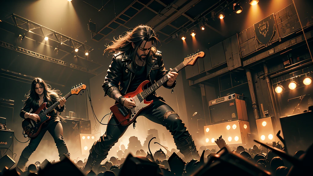 a heavy metal band performing on stage, gritty and intense, lead singer with long hair and leather jacket, guitarist shredding, drummer pounding the drums, dramatic fog and lighting, cinematic and high energy, dark and moody atmosphere, dynamic performance, intense guitar riffs, pounding drums, raw and powerful, masterful musicianship, (best quality,4k,8k,highres,masterpiece:1.2),ultra-detailed,(realistic,photorealistic,photo-realistic:1.37),cinematic lighting, dramatic shadows, hard rock, extreme metal, heavy metal concert, concert photography