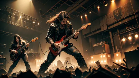 a heavy metal band performing on stage, gritty and intense, lead singer with long hair and leather jacket, guitarist shredding, ...