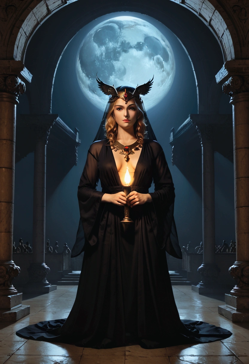 charachter: Hecate, Greek goddess, with their traditional costumes (long robe, veil, torch and dagger). scenario: Open-air temple with classical Greek columns, in Doric or Ionic style. The floor of the temple is covered in gently flowing shallow waters. elements: Big and bright full moon in the night sky, posicionada atrás de Hecate. Moonlight rays illuminating the scene and creating an ethereal effect. Long, dramatic shadows cast by temple columns. Expressão facial de Hecate serena e poderosa, conveying your divinity and connection to the supernatural world. styled: realisitic, with vivid details and dramatic lighting. Emotion: mystery, power and connection with the divine. Additional Detail: The water flowing across the temple floor can glow silvery in the moonlight. Hecate pode estar segurando sua tocha acesa, creating a contrast with the darkness of the night. Animais associados a Hecate, as dogs, owls or bats, may be present in the scene. Symbols related to the goddess, like the moon, the crossroads or the grenade, can be incorporated into the image.