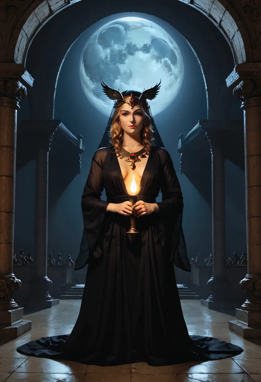 charachter: Hecate, Greek goddess, with their traditional costumes (long robe, veil, torch and dagger). scenario: Open-air templ...