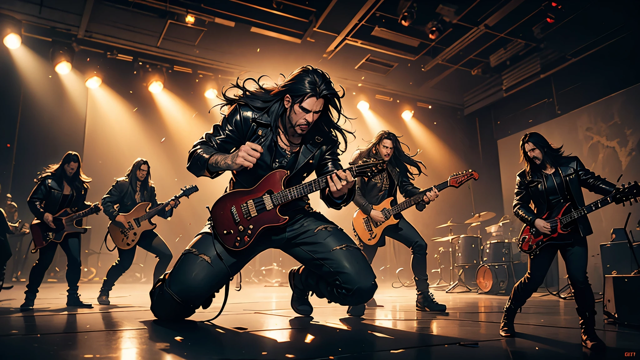 a heavy metal band performing on stage, gritty and intense, lead singer with long hair and leather jacket, guitarist shredding, drummer pounding the drums, dramatic fog and lighting, cinematic and high energy, dark and moody atmosphere, dynamic performance, intense guitar riffs, pounding drums, raw and powerful, masterful musicianship, (best quality,4k,8k,highres,masterpiece:1.2),ultra-detailed,(realistic,photorealistic,photo-realistic:1.37),cinematic lighting, dramatic shadows, hard rock, extreme metal, heavy metal concert, concert photography