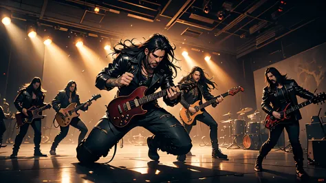 a heavy metal band performing on stage, gritty and intense, lead singer with long hair and leather jacket, guitarist shredding, ...