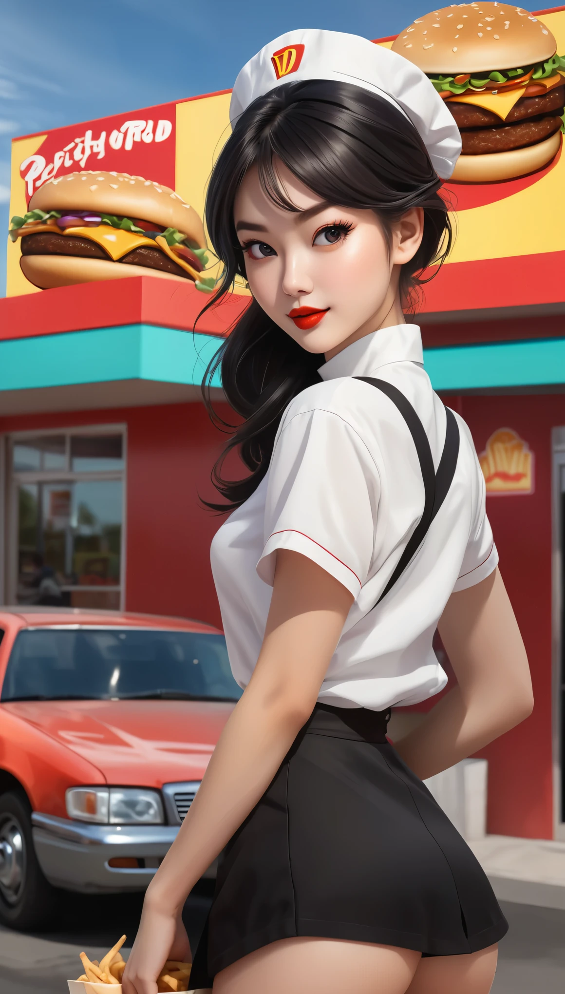 A close up of a woman in a uniform holding a bag of fries - SeaArt AI