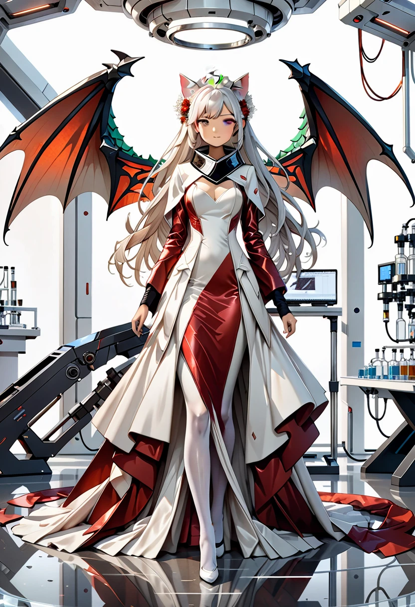 masterpiece, highest quality, highest resolution, clear_image, photo realistic, detailed details, White hair, long hair, cat ears, 1 girl, red eyes, imperial wedding dress, white pantyhose, white scarf (around the neck), gray futuristic halo, futuristic dragon wings, beautiful, full body, no water marks, laboratory, no extra limps, no extra body