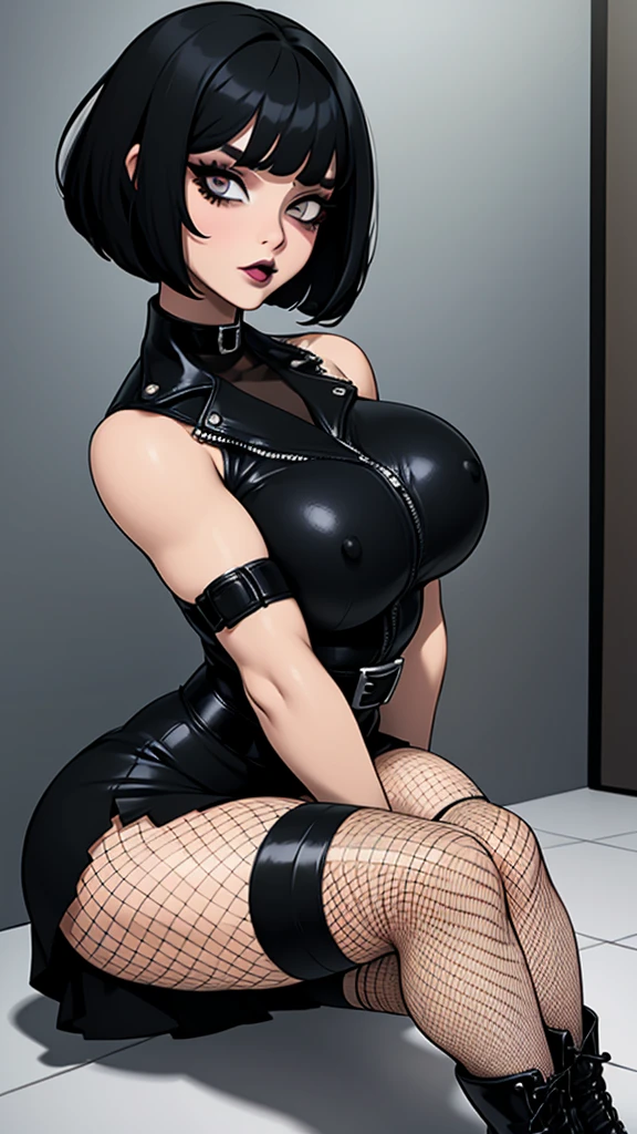 goth girl, curvy, Bob haircut with bangs, black eyeliner on eyelids, BLACK LIPS, CHOKER, short fitted skirt, belts, fishnet pantyhose, black military boots, whole body