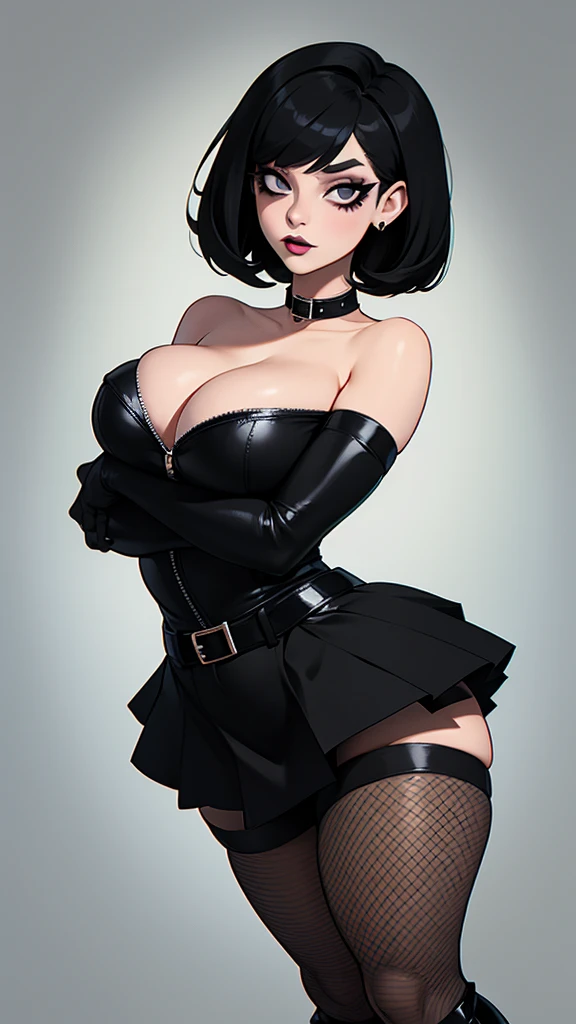 goth girl, curvy, Bob haircut with bangs, black eyeliner on eyelids, BLACK LIPS, CHOKER, short fitted skirt, belts, fishnet pantyhose, black military boots, whole body