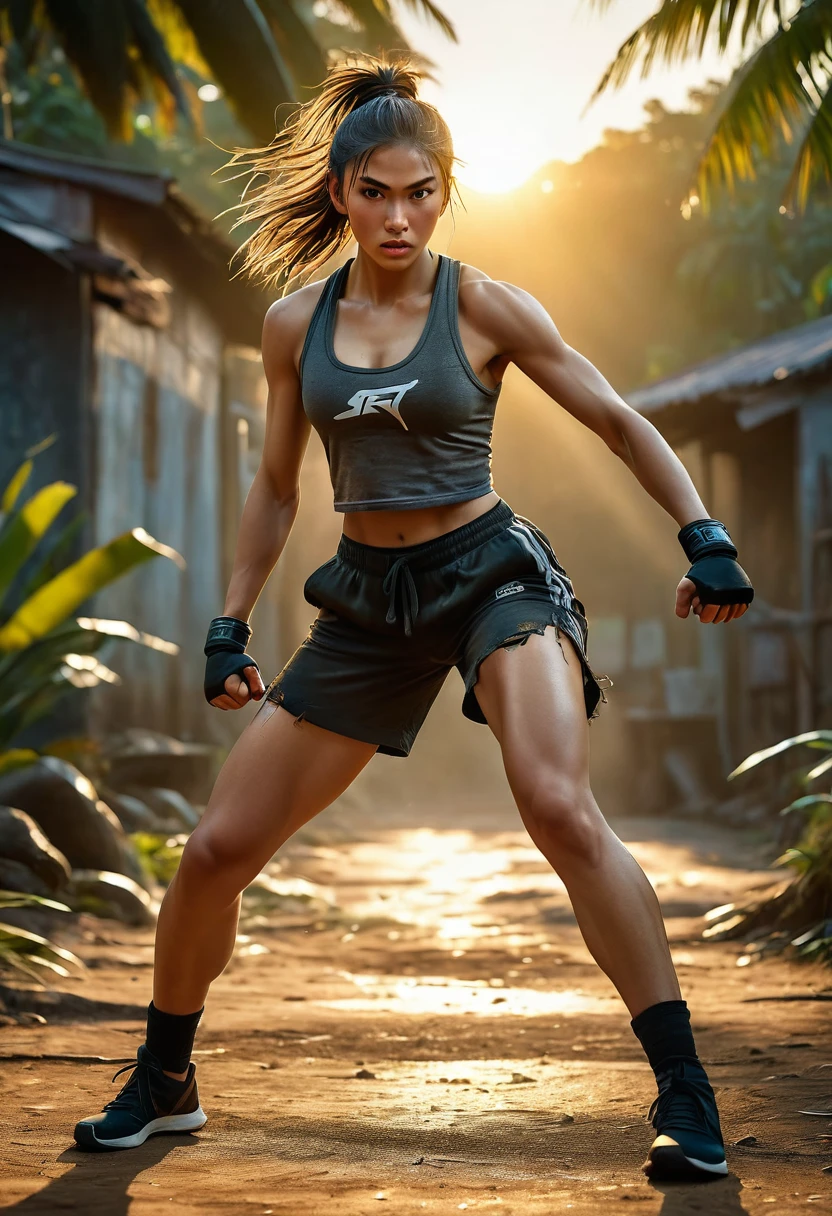 A photorealistic image of a young girl training to be a street fighter. She is outdoors, on a weathered jungle at sunset. The girl is in a powerful stance, mid-air performing a roundhouse kick (kicking:1.5). Her right leg is extended straight (straight leg:1.5), foot flexed, with a faint light streak trailing behind her shin to show the kicking motion (motion:1.8), similar to manga art. She wears worn athletic clothing, including a tank top and ripped black joggers. Her determined expression is etched with concentration. The golden light of the setting sun casts long shadows and highlights the dust particles in the air. UHD, super detailed, epic realism, dramatic light, best quality walpapper, 8k