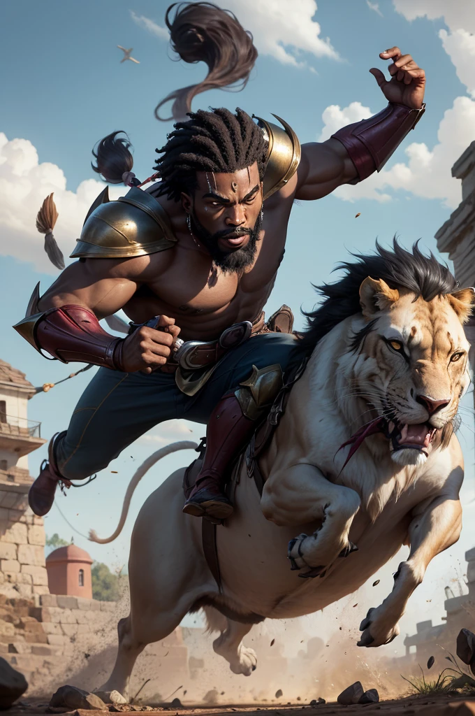 black man riding a lion, wearing bronze armor, battle pose, holding sword and shield, obra prima ultra high quality