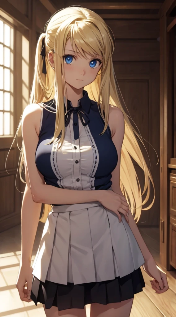 winry rockbell, winry rockbell, eBlue eyes, Blonde hair, BREAK BREAK BREAK long hair, a skirt, The shirt, jewely, white The shirt, pleated a skirt, 耳Nipple Ring, Sleeveless, blue a skirt, of arms, Sleeveless The shirt, BREAK BREAK BREAK indoors, BREAK BREAK BREAK looking at viewer, BREAK BREAK BREAK (tmasterpiece:1.2), Best quality at best, A high resolution, Unity8k wallpapers, (illustratio:0.8), (Beautiful and delicate eyes:1.6), Extremely detailed face, perfect litthing, extremely detremely detailed CG, (Perfect hands, perfect anatomia),