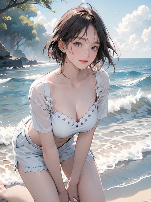 (Highest quality、masterpiece、High resolution、8K)、Vibrant colors、Young and beautiful woman 1、whole body、Brown and black short bob、barefoot、(Detailed face、Beautiful Eyes、Beautiful nose、Pretty lips)、Ample breasts、Beautiful cleavage、White T-shirt and shorts、Running on the beach、A refreshing smile、looking at the camera、Official Art、The background is the sea、blue sky、White waves and wide sandy beach、Wide forest、White Entrance Cloud、(Depth of written boundary:1.5)、Professional Lighting、