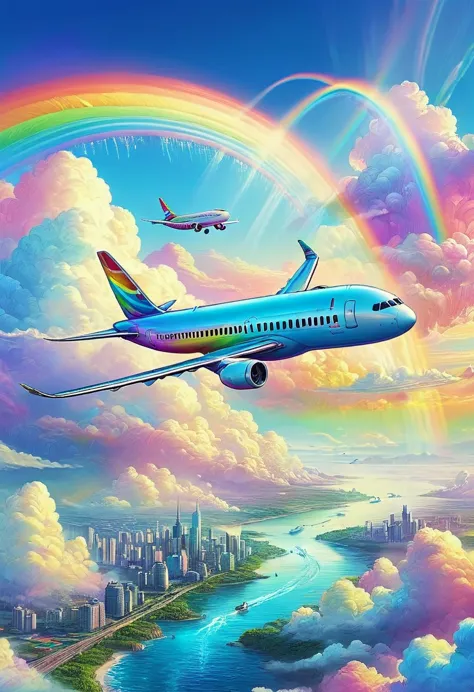 a world full of rainbow colors、rainbow airplane、a plane flying in a rainbow sky，colorful，beautiful rainbow clouds，wonderful景色，ut...