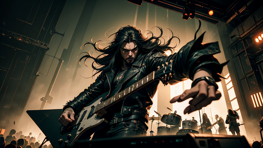 a heavy metal band performing on stage, gritty and intense, lead singer with long hair and leather jacket, guitarist shredding, drummer pounding the drums, dramatic fog and lighting, cinematic and high energy, dark and moody atmosphere, dynamic performance, intense guitar riffs, pounding drums, raw and powerful, masterful musicianship, (best quality,4k,8k,highres,masterpiece:1.2),ultra-detailed,(realistic,photorealistic,photo-realistic:1.37),cinematic lighting, dramatic shadows, hard rock, extreme metal, heavy metal concert, concert photography