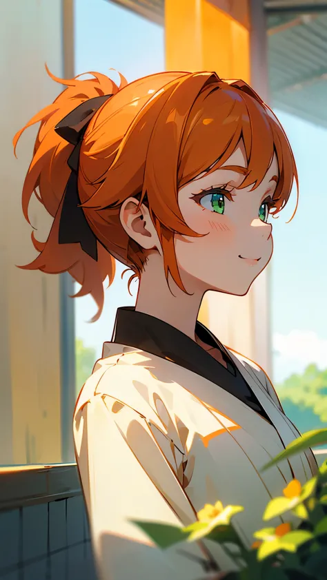 １girl、orange hair、ponytail、beautiful green eyes、smile、profile、face close-up、morning cafe terrace、background blur, written bounda...