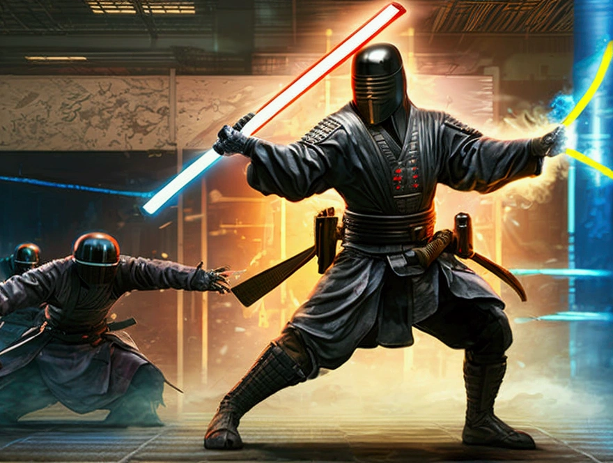 Modern ninja fighting with android guards and light saber, background is a laboratory, time machine is visible