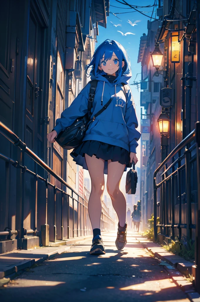 (masterpiece), (high resolution 8K), professional illustration, 1 girl, late teenage, walking, turn around, arched back, full body, dutch angle, bird's eye view, hoody, mini-skirt, back pack, blue hair, smile, looking away, cityscape in Tokyo, night, high contrast, professional lighting, stunning face,  symmetrical clear eyes, detailed eyes and face