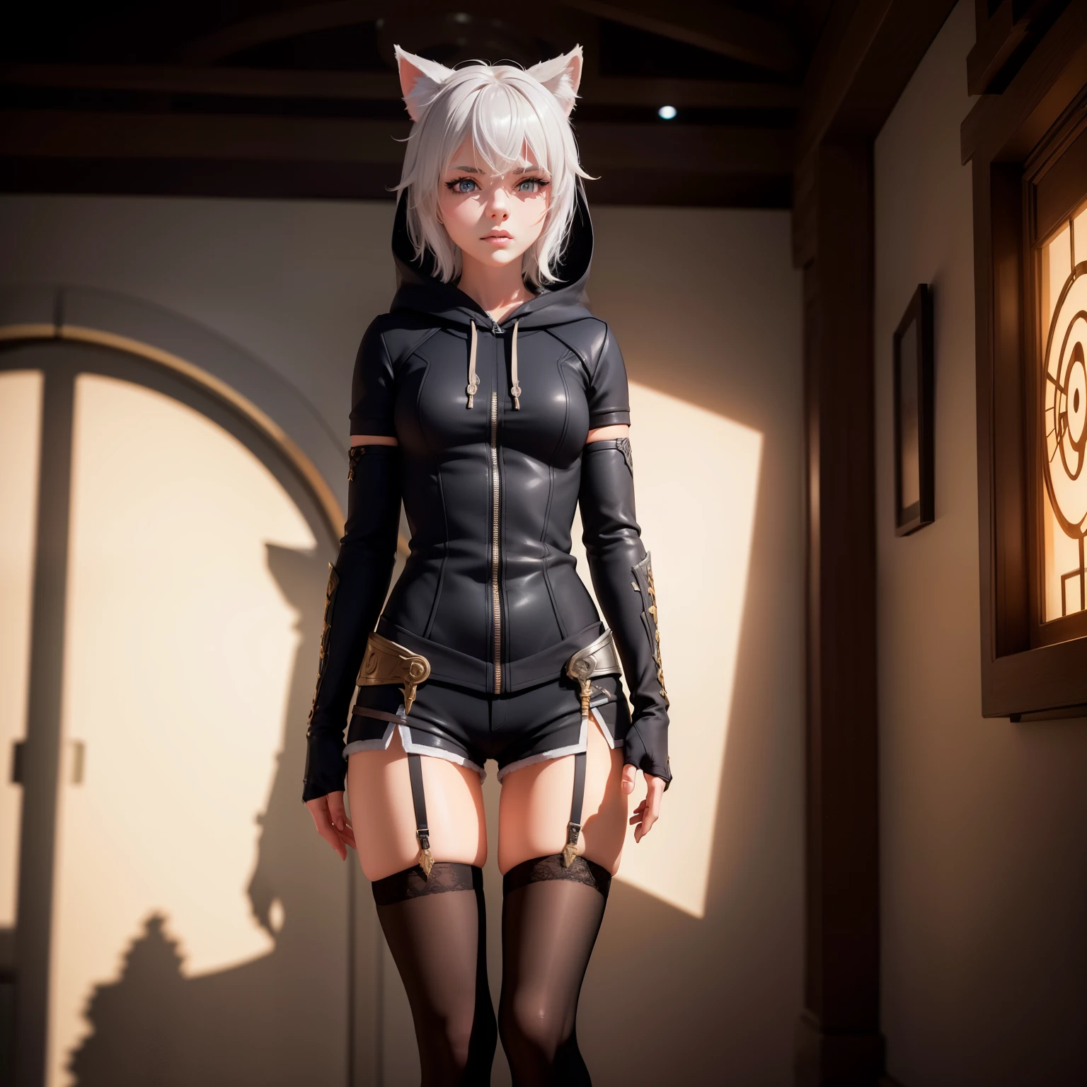 1 girl, character with cat ears, silver hair, short hair, beautiful detailed eyes, beautiful detailed lips, extremely detailed eyes and face, long eyelashes, wearing black hooded outfit, thigh-high stockings, garters, short shorts, (best quality,4k,8k,highres,masterpiece:1.2),ultra-detailed,(realistic,photorealistic,photo-realistic:1.37),concept art, fantasy, cinematic lighting, dramatic shadows You decided to wear a hoodie and covered your body, hiding yourself Rey 