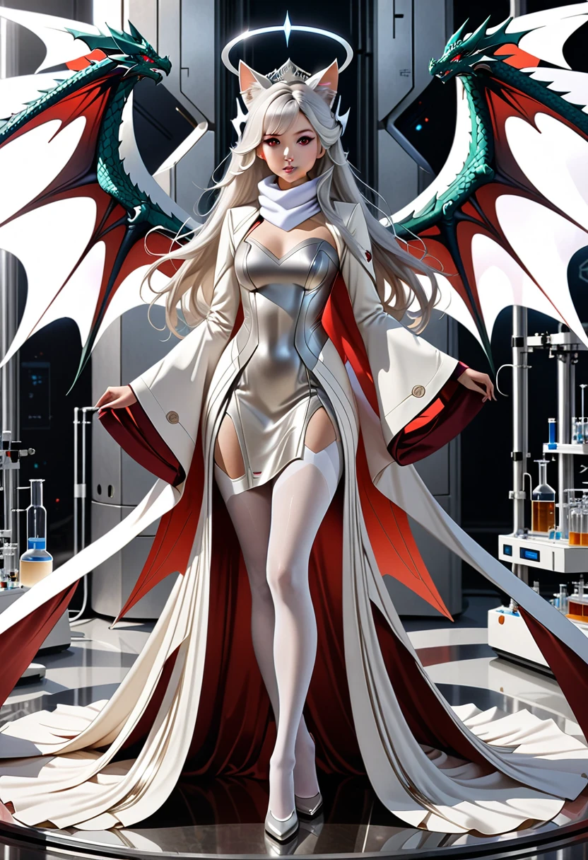 masterpiece, highest quality, highest resolution, clear_image, photo realistic, detailed details, White hair, long hair, cat ears, 1 girl, red eyes, imperial wedding dress, white pantyhose, white scarf (around the neck), gray futuristic halo, futuristic dragon wings, beautiful, full body, no water marks, laboratory, no extra limps, no extra body