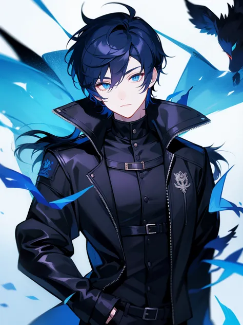 Anime style，a boy，Black leather jacket and black pants, Blue hair，