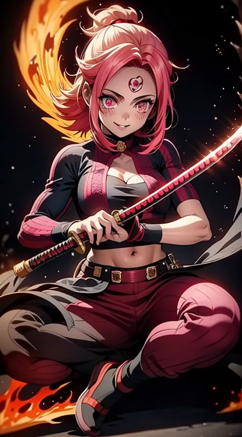 better hands, better fingers, ultra detailed face, perfect smile, five fingers, perfect hands holding a katana, flame blade, pin...