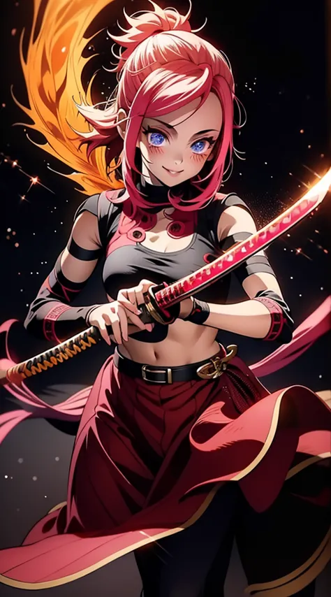 better hands, better fingers, ultra detailed face, perfect smile, five fingers, perfect hands holding a katana, flame blade, pin...
