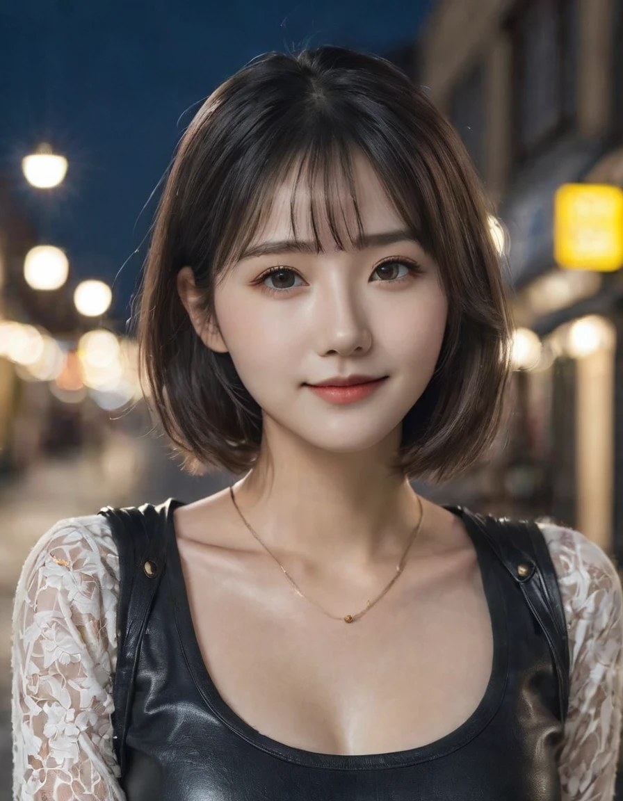 (8k, best quality, masterpiece:1.2), (realistic, photo-realistic:1.37), ultra-detailed, 
1 girl,cute, solo,beautiful detailed sky,detailed cafe,sitting,dating,(nose blush),(smile:1.15),(closed mouth) small breasts,beautiful detailed eyes, collared shir, black leather jack coat, white lace, black choke ,
(medium longth hair:1.2),floating hair ,NovaFrogStyle, white skin,cinematic light,night street,street light