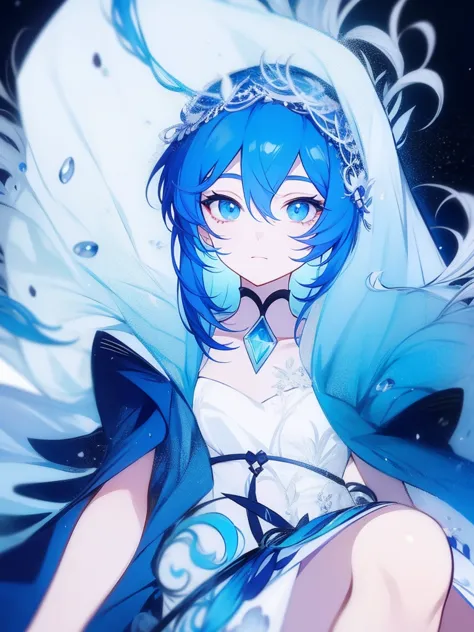 Anime style，A girl，Blue hair，White dress dress，veil