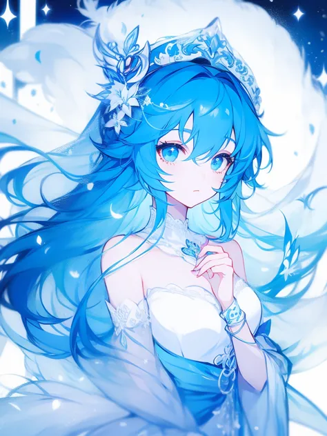 Anime style，A girl，Blue hair，White dress dress，veil