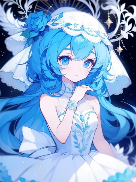 Anime style，A girl，Blue hair，White dress dress，veil