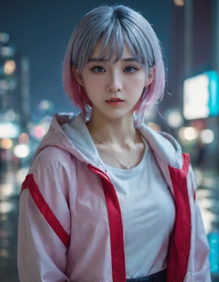 lucy \(cyberpunk\), 1girl,  hair scrunchie, hime cut, silver hair, colored tips, full moon, grey eyes, jacket, long sleeves, looking at viewer, medium hair, multicolored hair, parted bangs, parted lips, pink hair, portrait, red eyeliner, red lips, solo, white jacket, cyberpunk \(series\), rainy night in a cyberpunk city with glowing neon lights