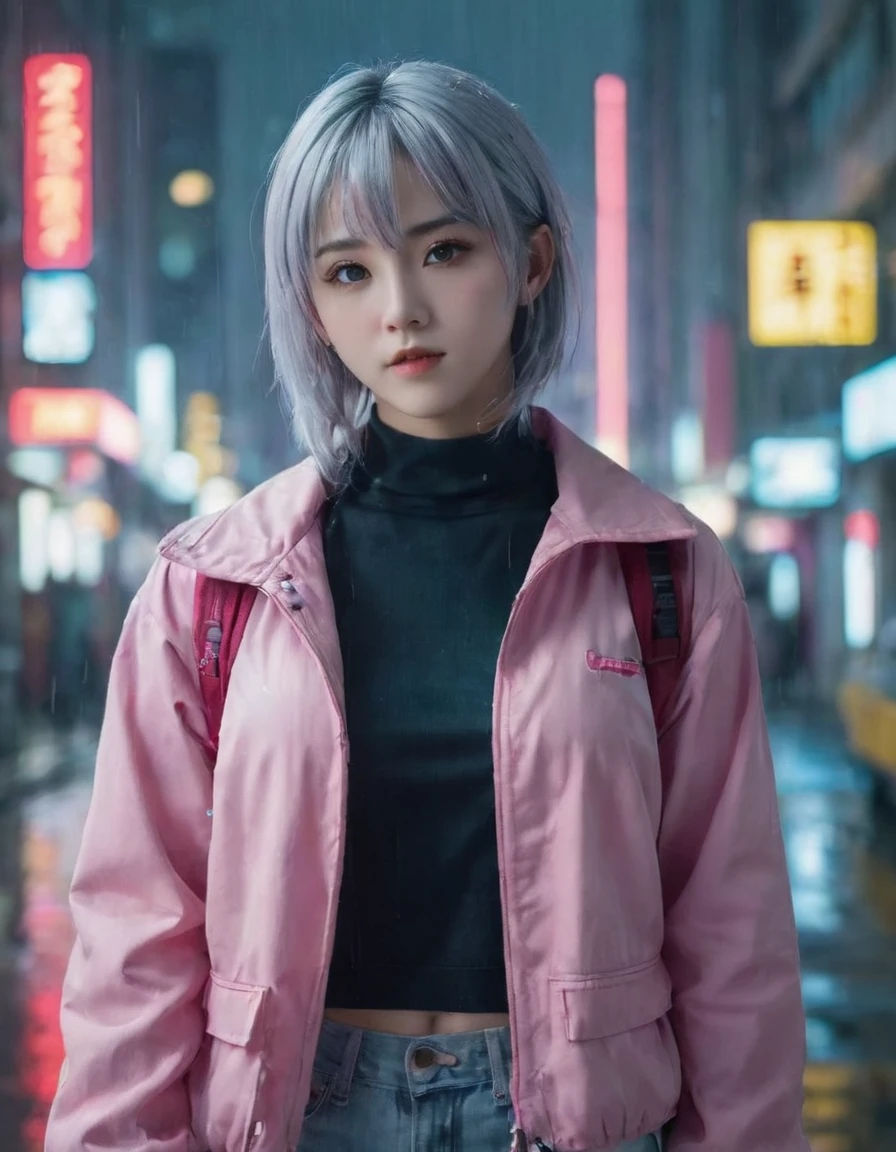 lucy \(cyberpunk\), 1girl,  hair scrunchie, hime cut, silver hair, colored tips, full moon, grey eyes, jacket, long sleeves, looking at viewer, medium hair, multicolored hair, parted bangs, parted lips, pink hair, portrait, red eyeliner, red lips, solo, white jacket, cyberpunk \(series\), rainy night in a cyberpunk city with glowing neon lights