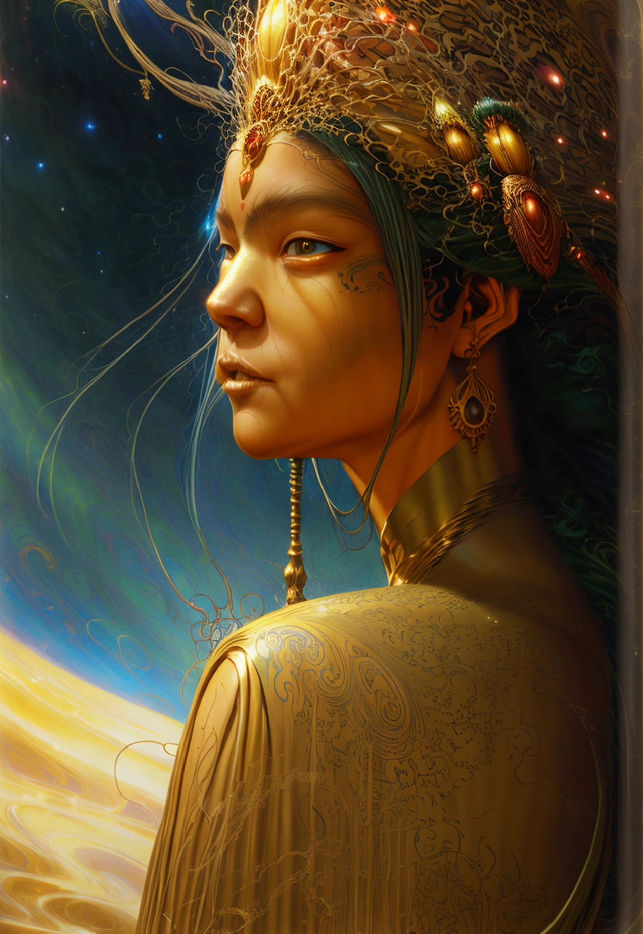 (A beautiful decorative female sand goddess, gold dress, shiny gold tattoo), (Galactic shaman with quantum energy vision), fantasy magic, long hairstyle, clear and dark night, complex, bum, Focus Clear, illustration, very detailled, Number, conceptual artwork, mattey, (wlop works), (author：Justin Gerard (Justin Gerard) e Jason Edmiston (Jason Edmiston): 1.5), (author：Greg Rutkowski: 0.4), (author：alphons mucha: 0.4), work of art