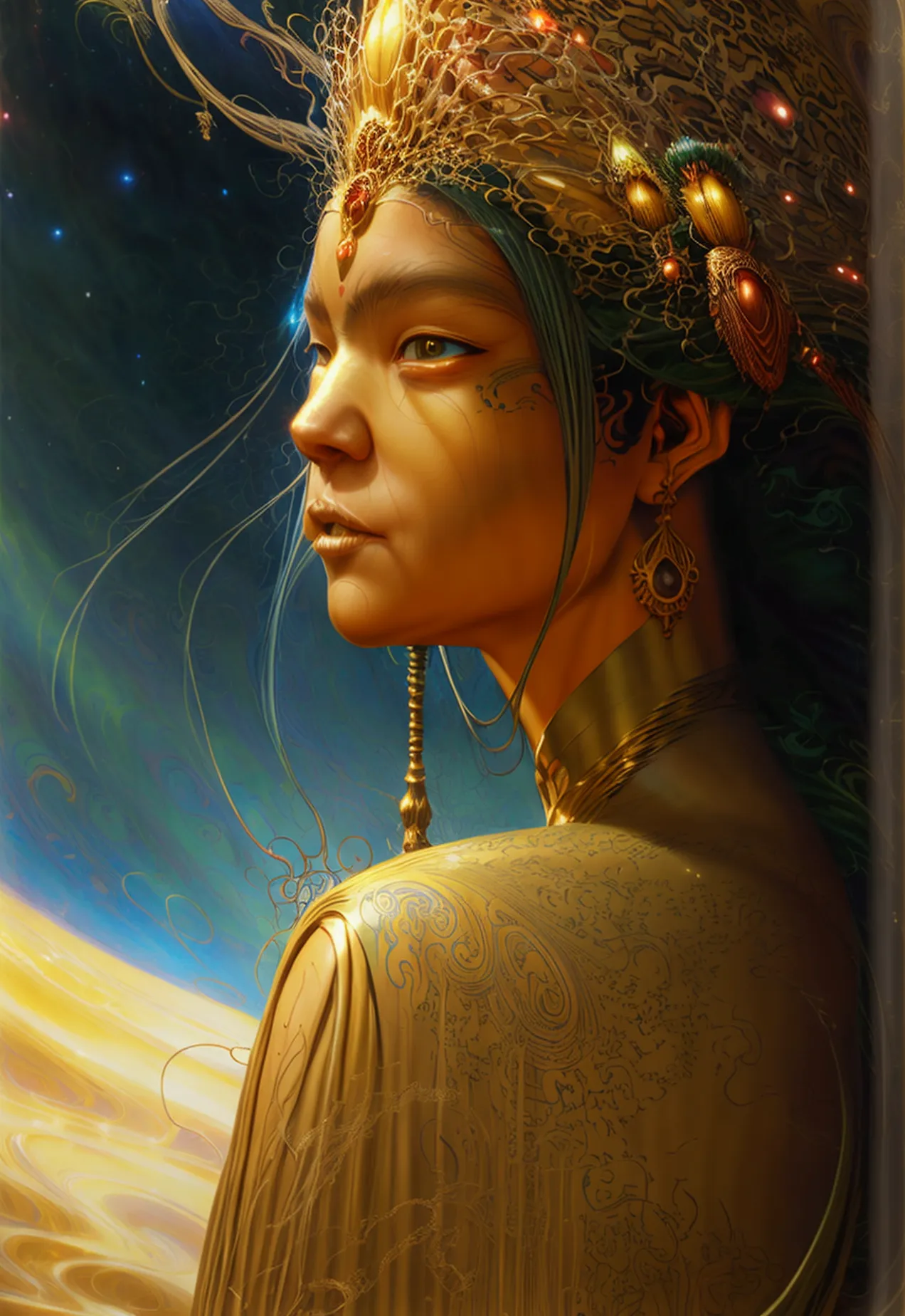 (A beautiful decorative female sand goddess, gold dress, shiny gold tattoo), (Galactic shaman with quantum energy vision), fanta...
