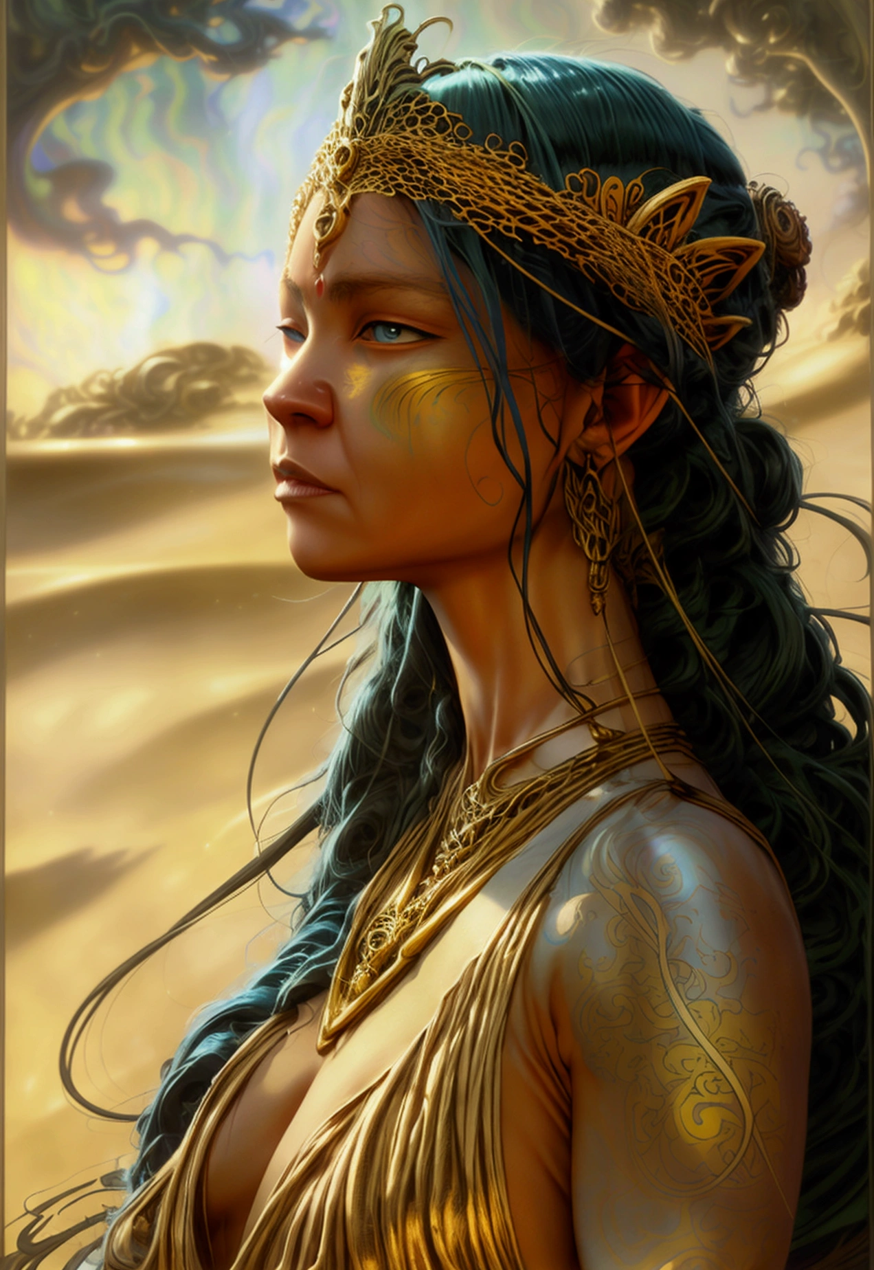 (A beautiful decorative female sand goddess, gold dress, shiny gold tattoo), (Galactic shaman with quantum energy vision), fantasy magic, long hairstyle, clear and dark night, complex, bum, Focus Clear, illustration, very detailled, Number, conceptual artwork, mattey, (wlop works), (author：Justin Gerard (Justin Gerard) e Jason Edmiston (Jason Edmiston): 1.5), (author：Greg Rutkowski: 0.4), (author：alphons mucha: 0.4), work of art