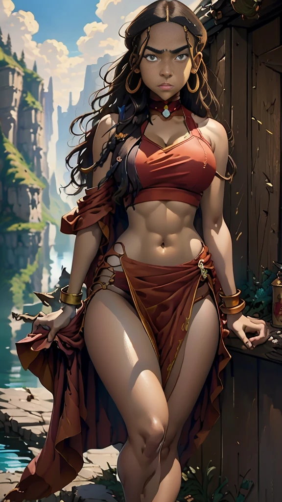 masterpiece, best quality, highres, highest quality, absurdres, kataras3, dark skin, traditional media, (painting \(medium\)), bracelet, long hair, brown hair, crop top, midriff, navel, sharp expressive eyes, perfect face, wide hips, thick lineart, atmospheric lighting, smooth, beautifully detailed riverbank background, cinematic composition, Joe Madureira,  red clothing, 