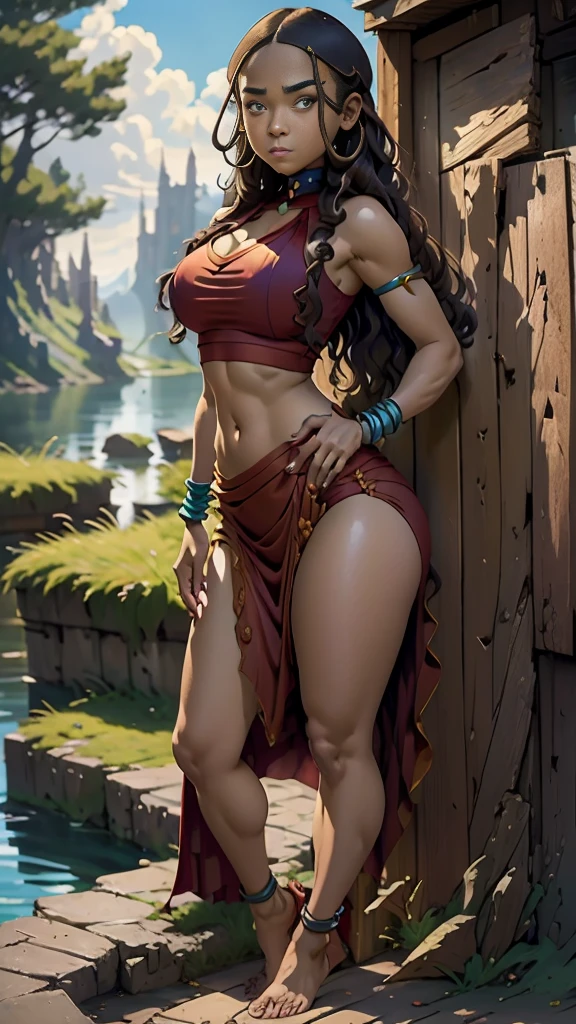 masterpiece, best quality, highres, highest quality, absurdres, kataras3, dark skin, traditional media, (painting \(medium\)), bracelet, long hair, brown hair, crop top, midriff, navel, sharp expressive eyes, perfect face, wide hips, thick lineart, atmospheric lighting, smooth, beautifully detailed riverbank background, cinematic composition, Joe Madureira,  red clothing, 