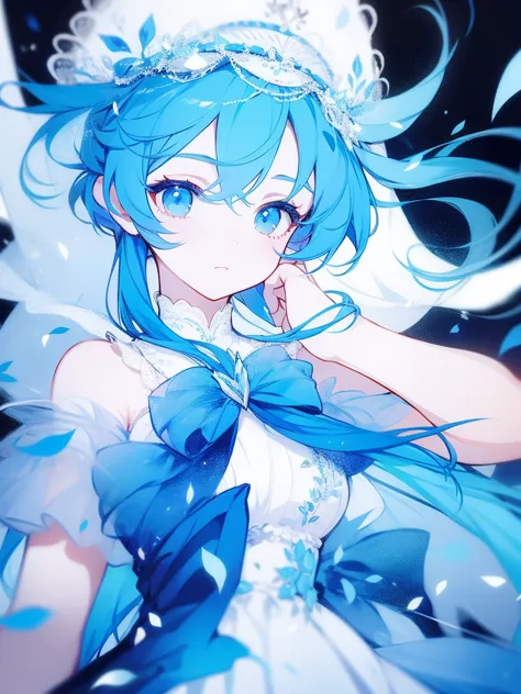 Anime style，A girl，Blue hair，White dress dress，veil