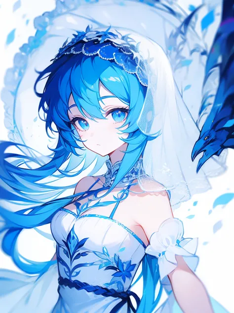 Anime style，A girl，Blue hair，White dress dress，veil