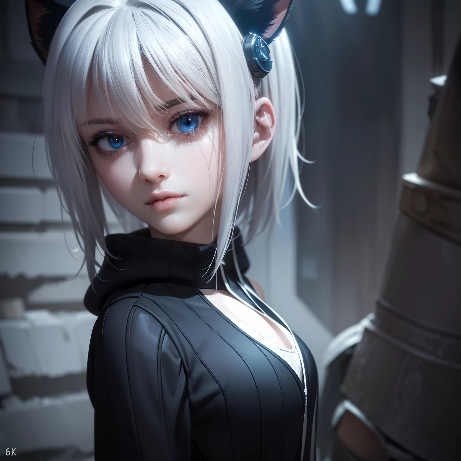 1 girl,character with cat ears, silver hair, short hair, beautiful detailed eyes, beautiful detailed lips, extremely detailed eyes and face, long eyelashes, wearing black hooded outfit, thigh-high stockings, garters, short shorts, (best quality,4k,8k,highres,masterpiece:1.2),ultra-detailed,(realistic,photorealistic,photo-realistic:1.37),concept art, fantasy, cinematic lighting, dramatic shadows You decided to wear a hoodie and covered your body, hiding yourself Rey 