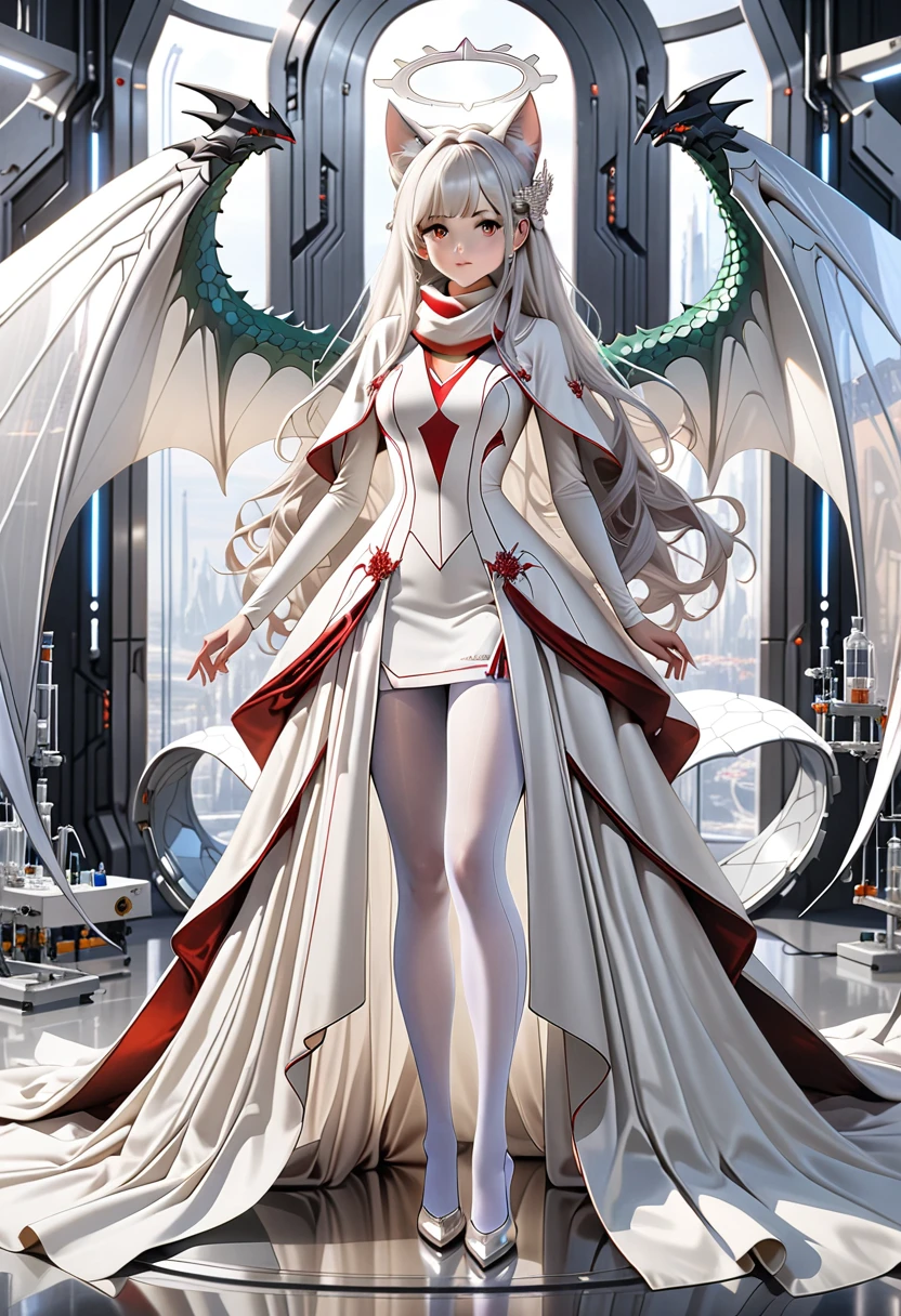 masterpiece, highest quality, highest resolution, clear_image, photo realistic, detailed details, White hair, long hair, cat ears, 1 girl, red eyes, imperial wedding dress, white pantyhose, white scarf (around the neck), gray futuristic halo, futuristic dragon wings, beautiful, full body, no water marks, laboratory, no extra limps, no extra body