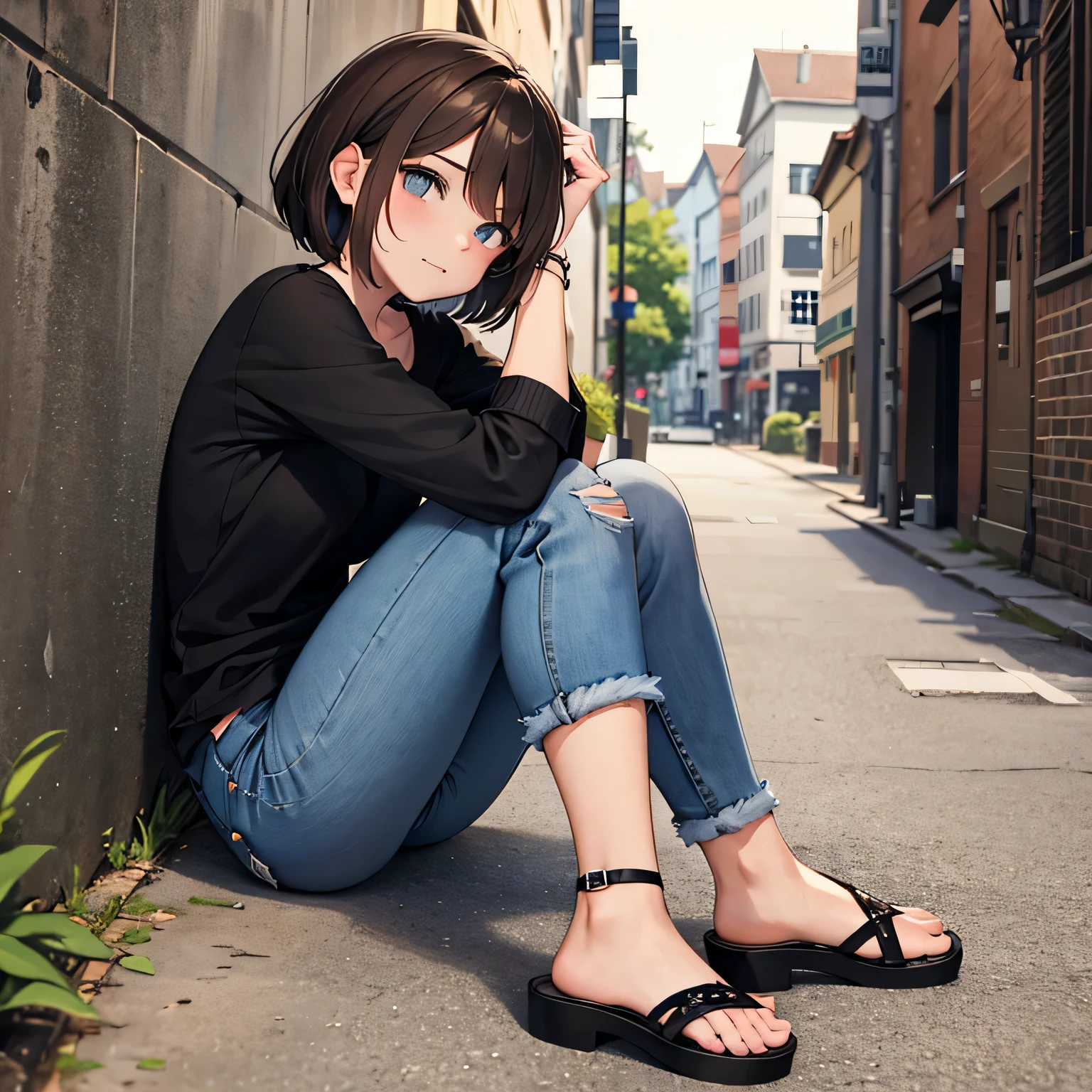 One Girl，Brown Hair，short hair，Black T-shirt，Distressed jeans，Sandals，Town，sit