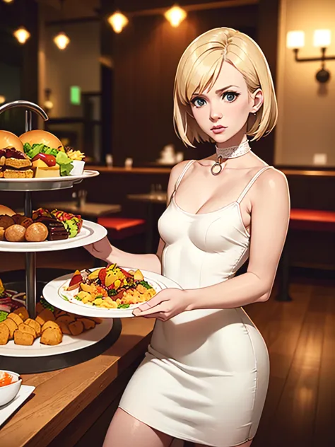 January Jones, masterpiece quality, (masterpiece quality:1.3), detailed, realistic, (realistic:1.3), at a busy restaurant, buffe...