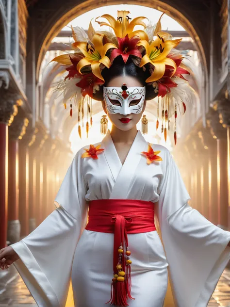 (imagine:1.3), (full-body shot:1.5), venice oriole queen , glowing woman wearing feather mask , årafed woman in kimono , white c...