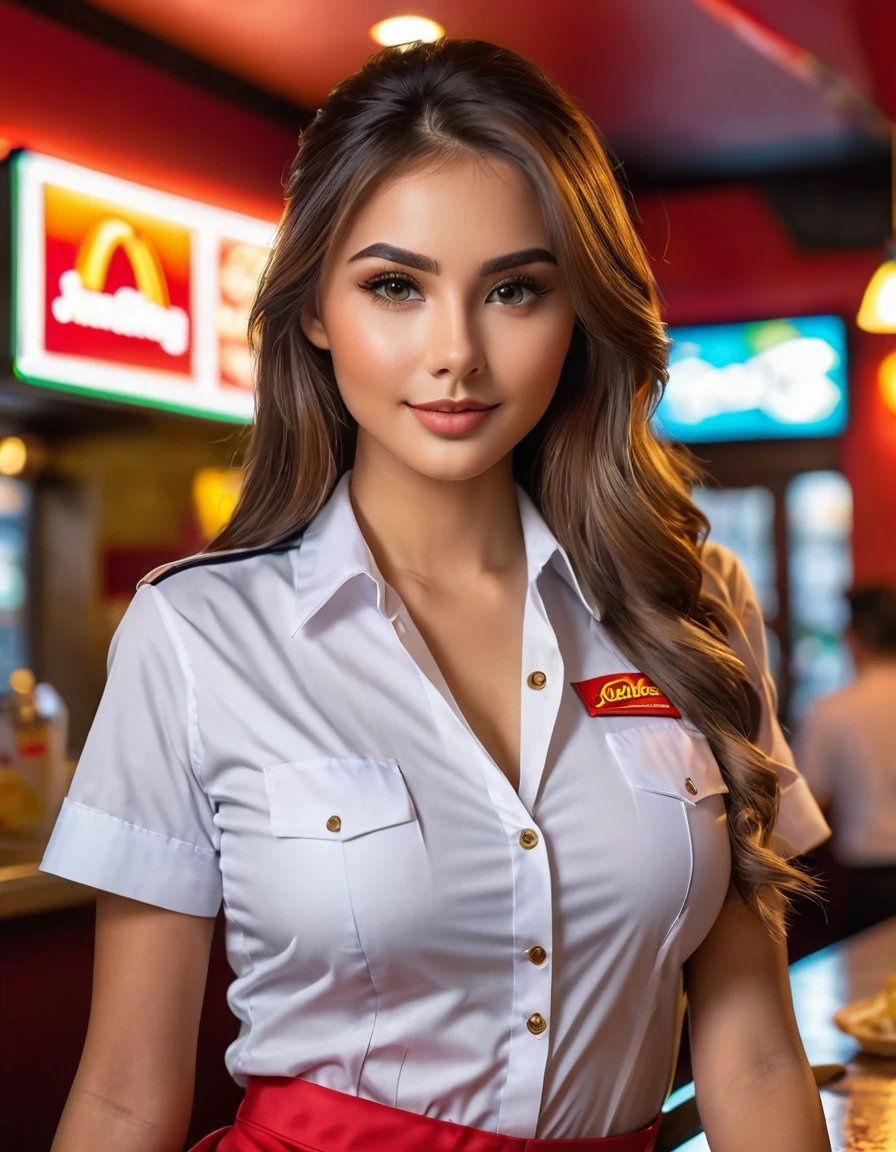 A stunning beautiful girl, donning the uniform of a fast food worker, poses confidently in front of a vibrant restaurant backdrop. Her striking features and luscious locks are highlighted by warm lighting, while her medium-sized breasts peek out from beneath the traditional waiters' skirt. The camera captures every detail with photorealistic precision, as if plucked straight from a masterpiece. Framed within a shallow depth of field, our subject's captivating gaze draws the viewer in, inviting them to savor the raw, unfiltered beauty on display.